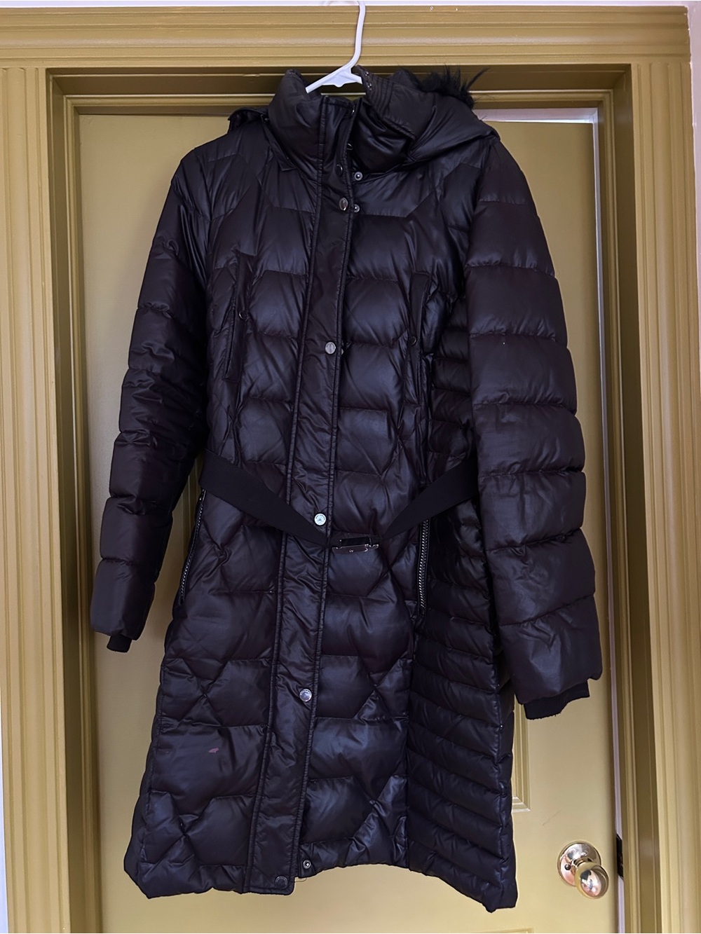Marc New York Down Black Quilted Long Puffer Coat with Belt